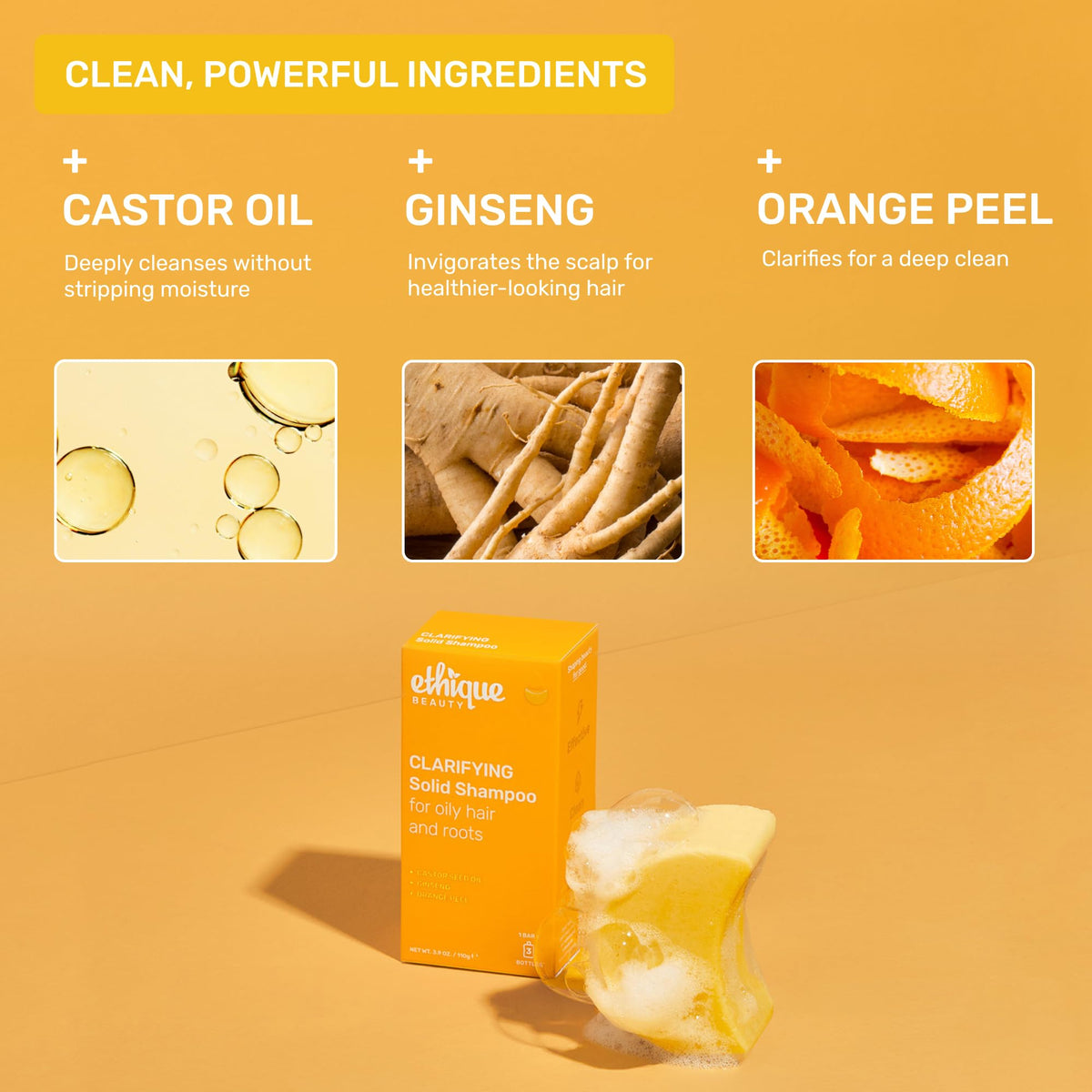 Ethique shampoo bar held in hand to show size and travel-friendly convenience benefit