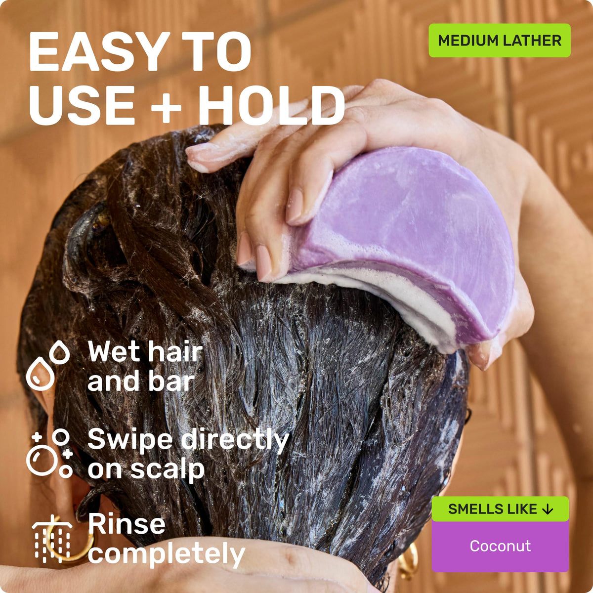 Ethique shampoo bar next to smoothing conditioner for complete routine