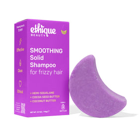 Ethique smoothing shampoo bar front packaging shows plastic-free benefits