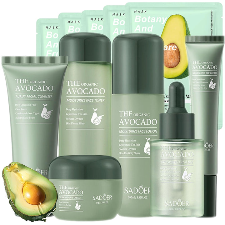 Etuanxi front packaging of 11‑piece avocado skin care set showing contents and gift box benefits