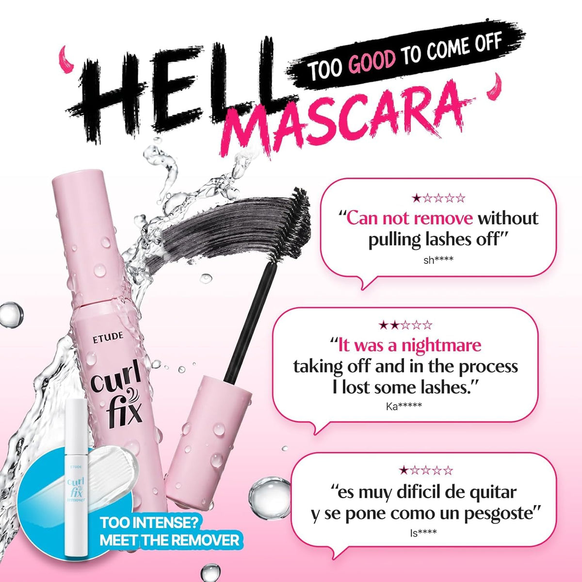 ETUDE close-up of square-edge brush catching lashes precisely