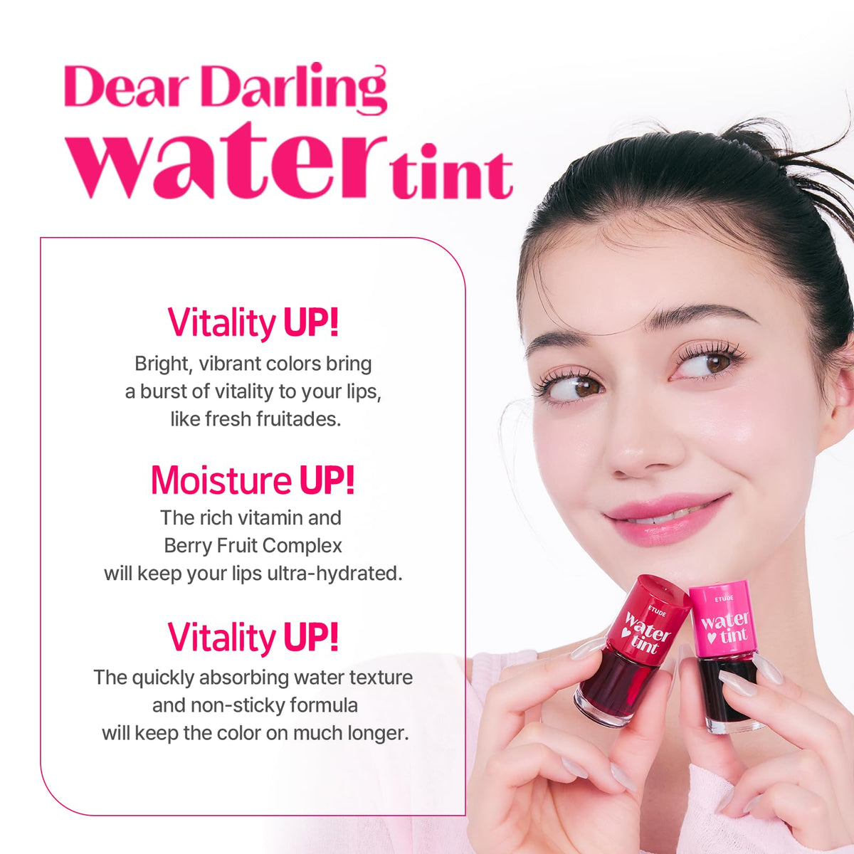 ETUDE swatch of Dear Darling Water Tint texture on skin showing smooth blend and sheer-to-buildable pigment