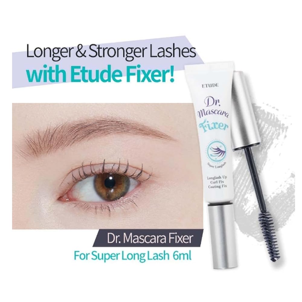 ETUDE primer applied on lashes illustrating added length and clean separation