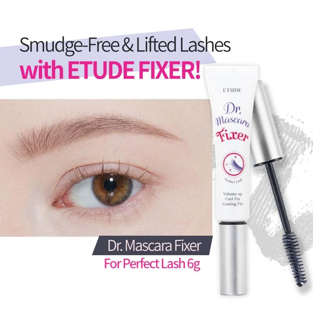 ETUDE before and after lashes showing lifted curl and added volume
