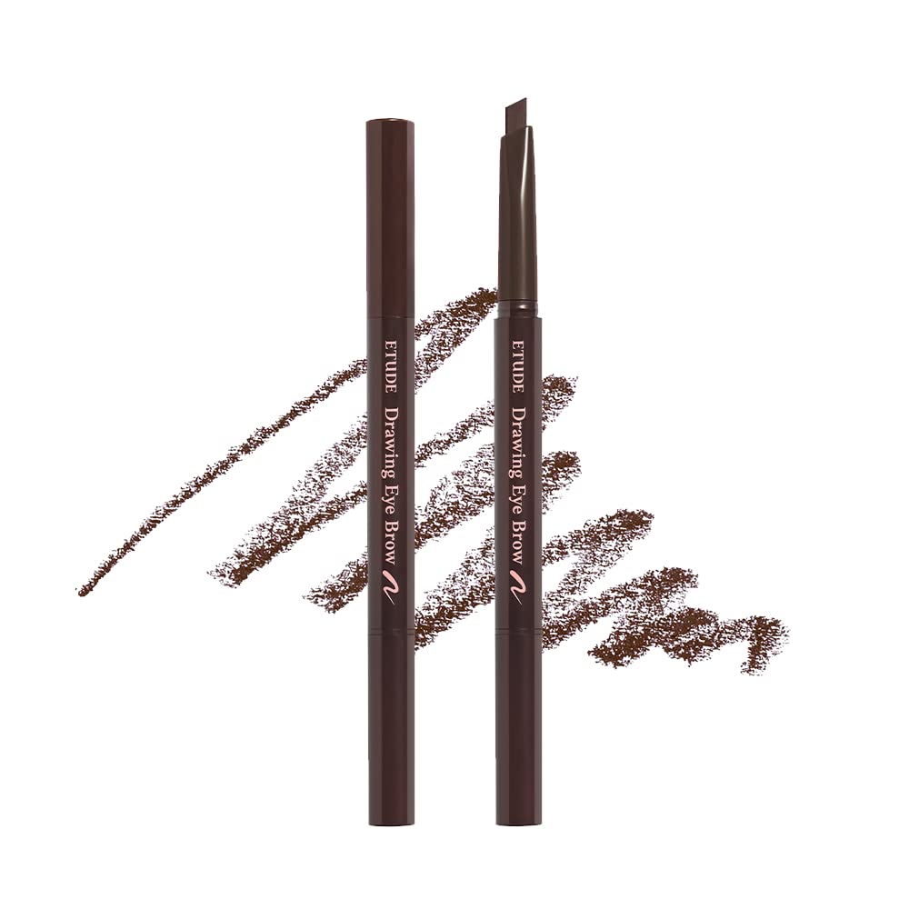 ETUDE front view of eyebrow pencil showing slim design and brown shade benefit