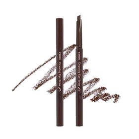 ETUDE front view of eyebrow pencil showing slim design and brown shade benefit
