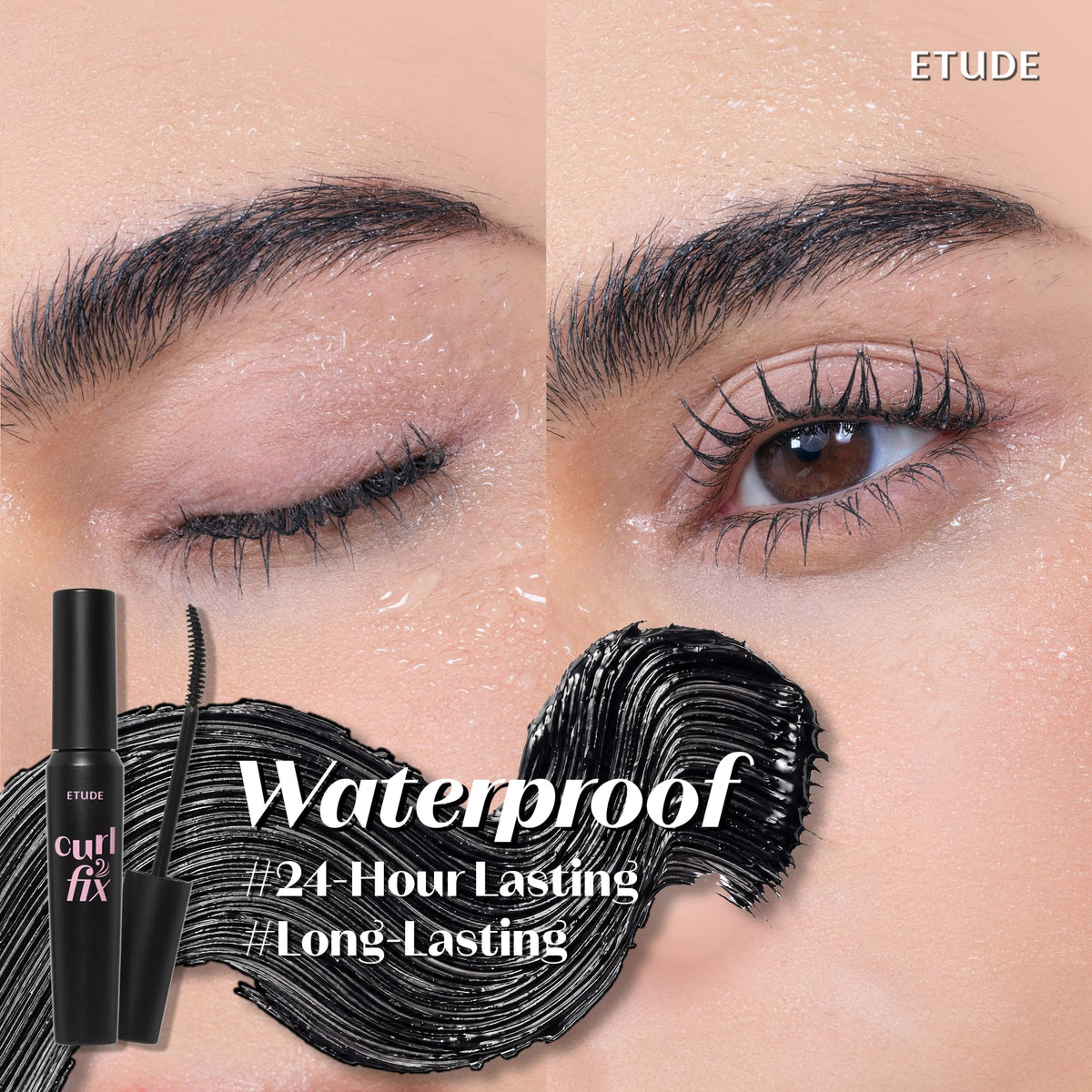 ETUDE mascara size comparison beside a coin to convey pocket-friendly volume