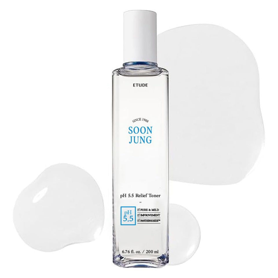 ETUDE front packaging showing toner bottle and calming design benefit: gentle hydration