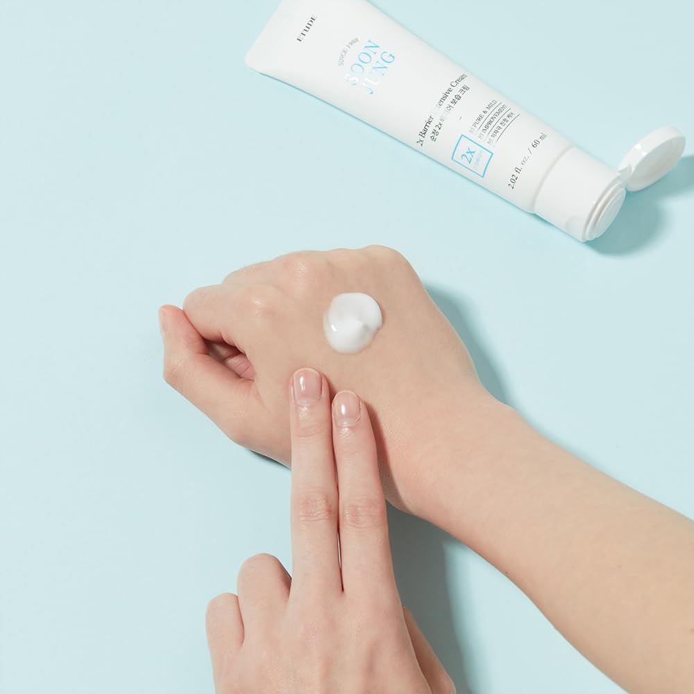 ETUDE cream applied to cheek before and after to show reduced redness and smoother texture