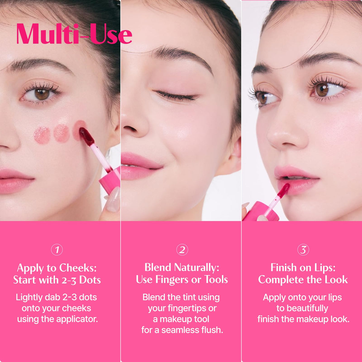 ETUDE cheek application showing blended pink flush and natural finish benefit