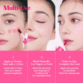 ETUDE cheek application showing blended pink flush and natural finish benefit