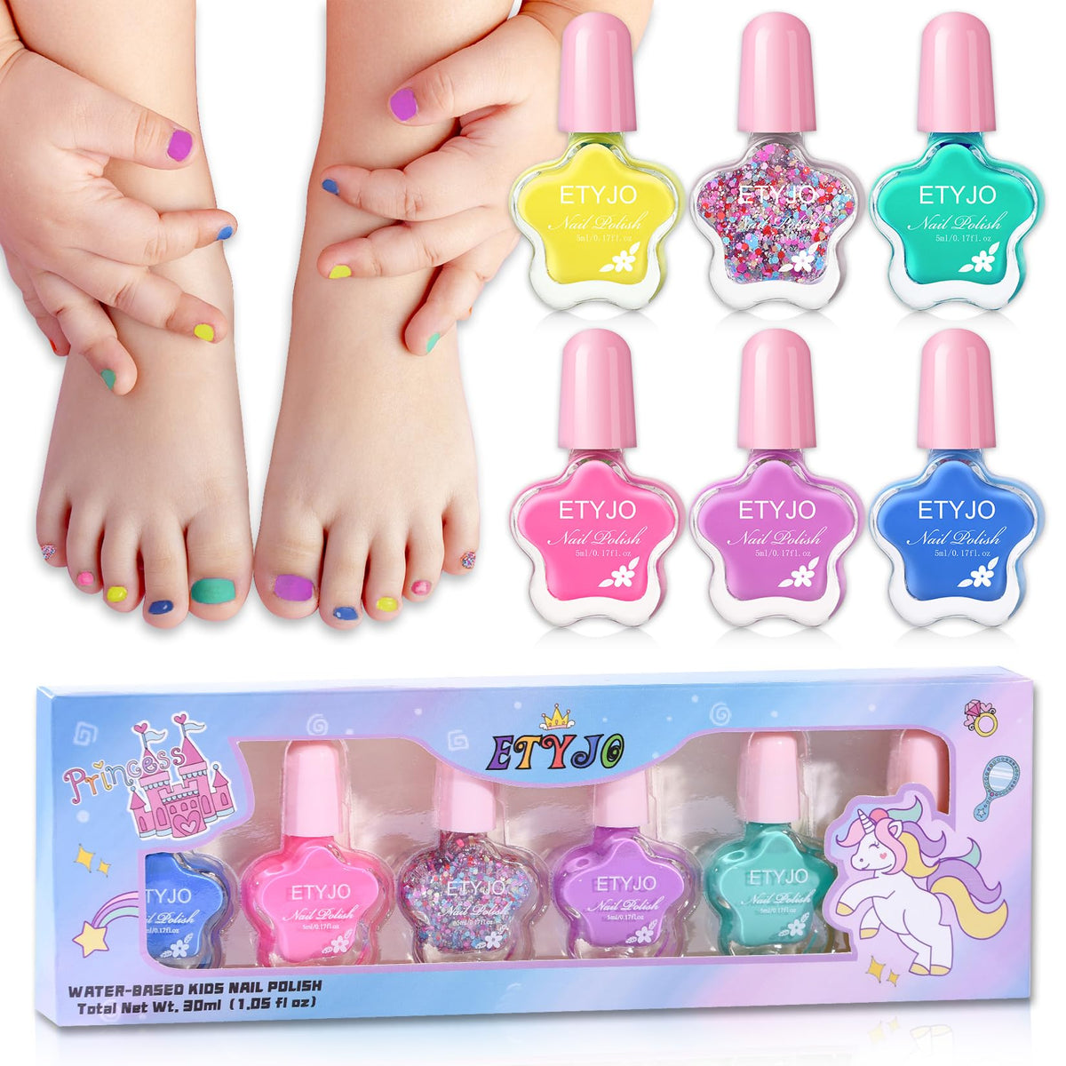 ETYJO front packaging showing six colorful bottles and kid-friendly box benefit: easy selection