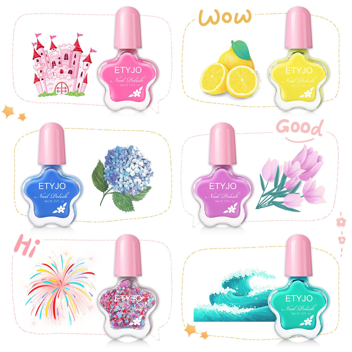 ETYJO open kit with six small bottles arranged neatly benefit: organized play