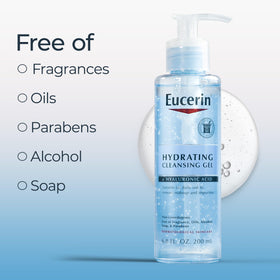 Eucerin 6.8 oz bottle next to common items to show scale and portability