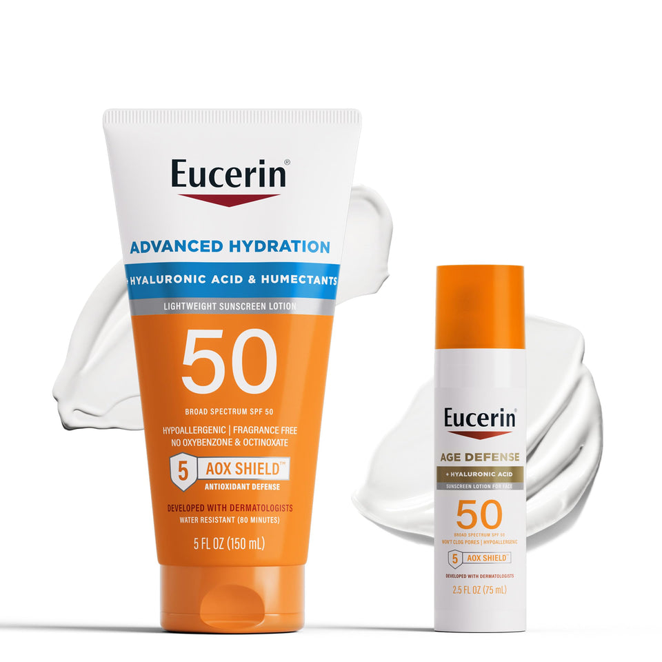 Eucerin Advanced Hydration front packaging showing SPF 50 protection and lotion benefits