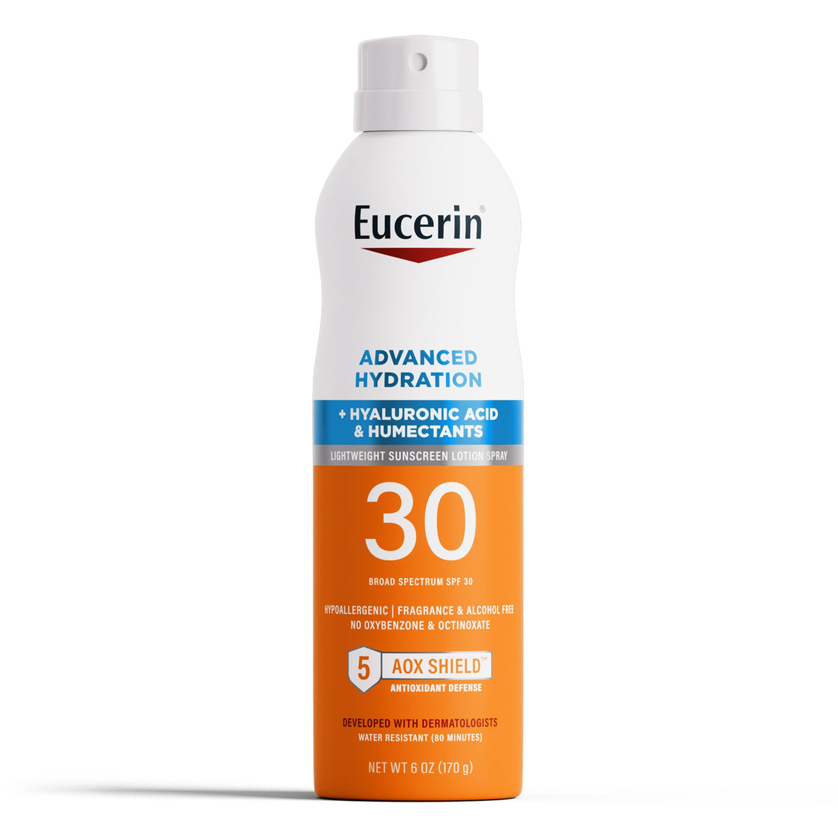 Eucerin front bottle showing SPF 30 and hydration benefits for easy recognition