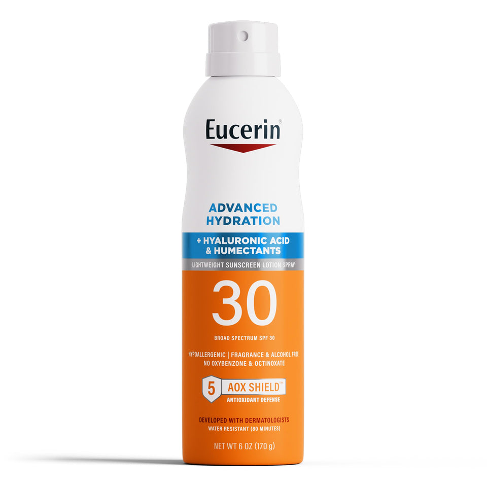 Eucerin front bottle showing SPF 30 and hydration benefits for easy recognition