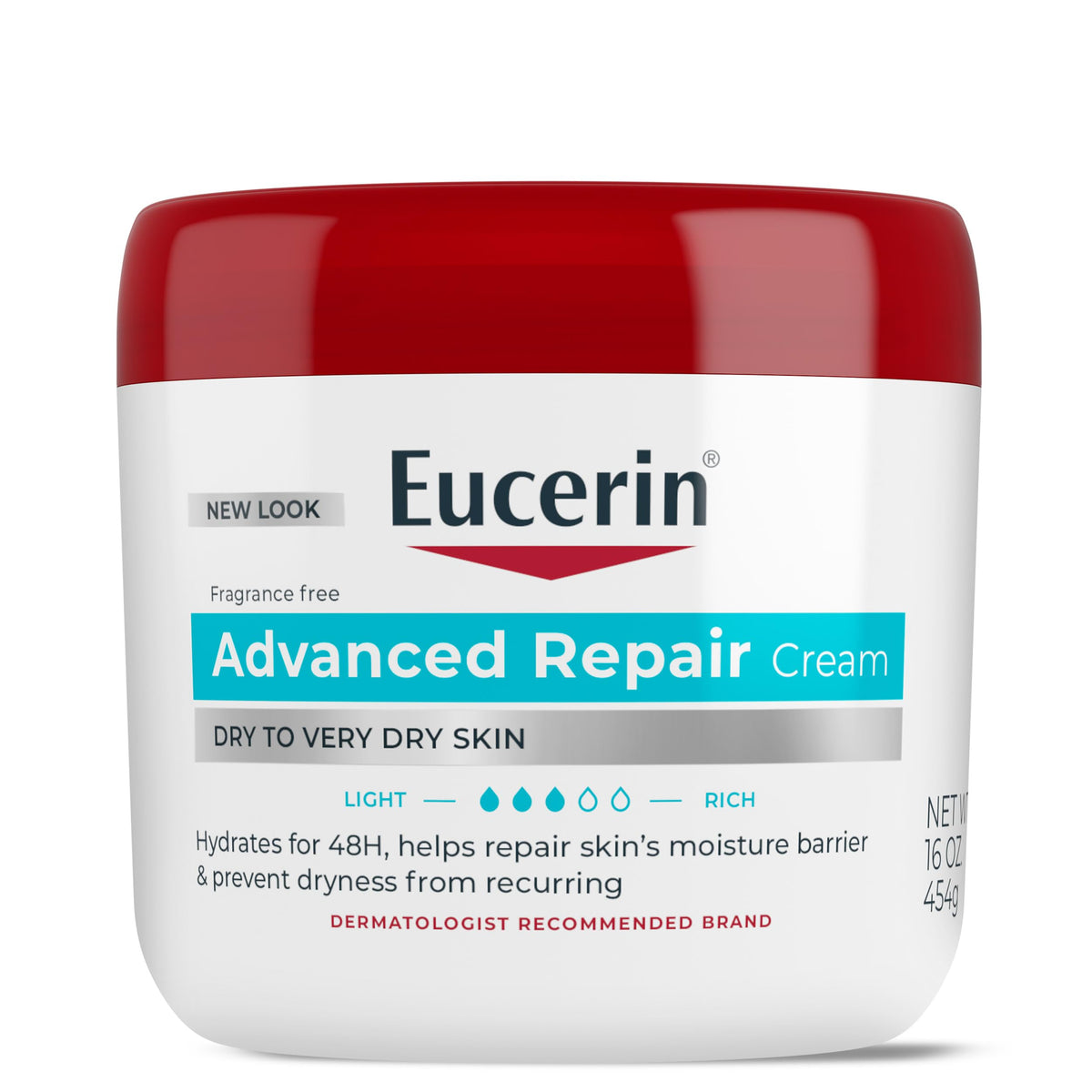 Eucerin jar front view showing label and 16 oz size for reliable hydration