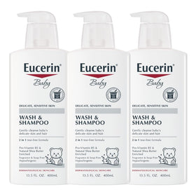 Eucerin baby front pump bottle showing label and easy dispense for gentle care