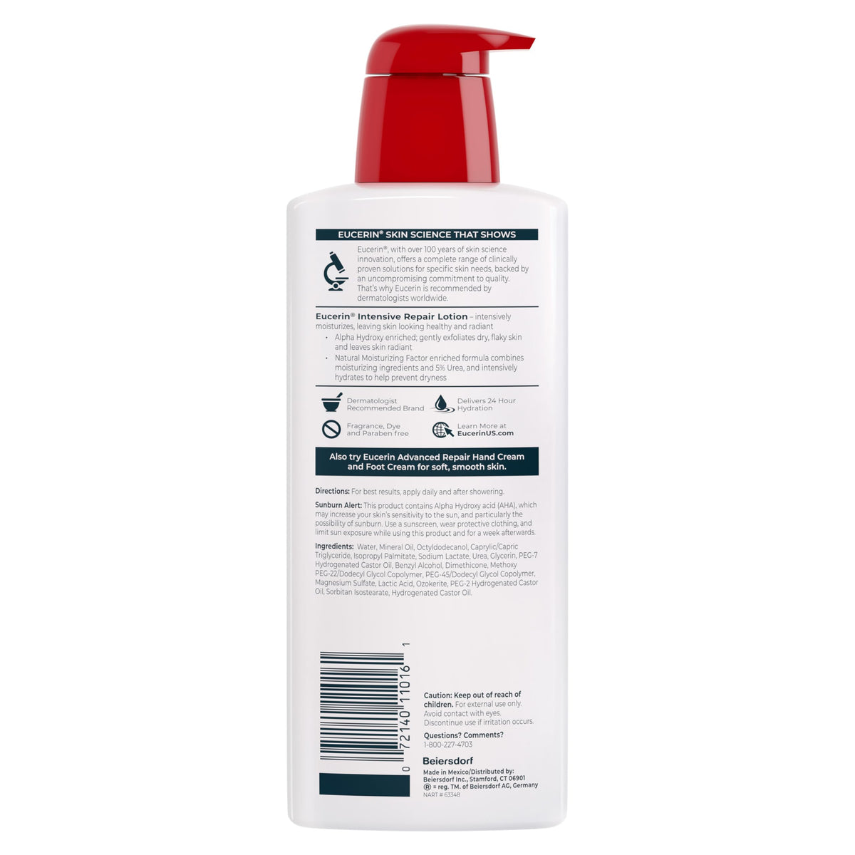 Eucerin pump bottle on bathroom counter for easy post-shower use