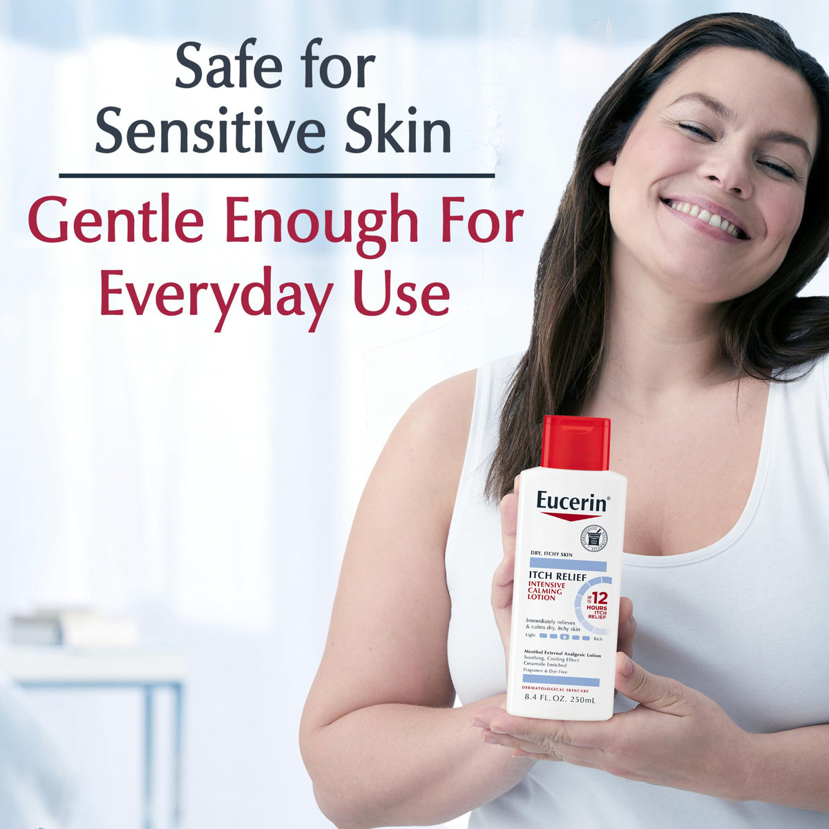 Eucerin bottle on bathroom shelf lifestyle showing everyday use convenience