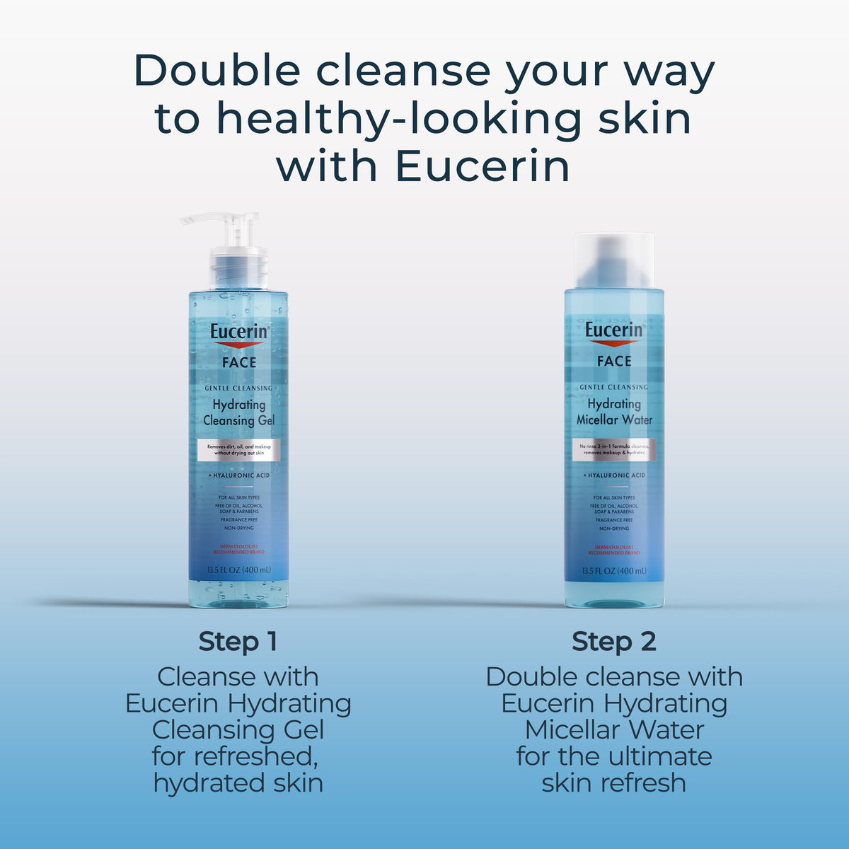 Eucerin before and after makeup removal demonstrating clear gentle cleansing