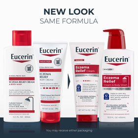Eucerin body wash pump closeup highlighting gentle, non-foaming formula