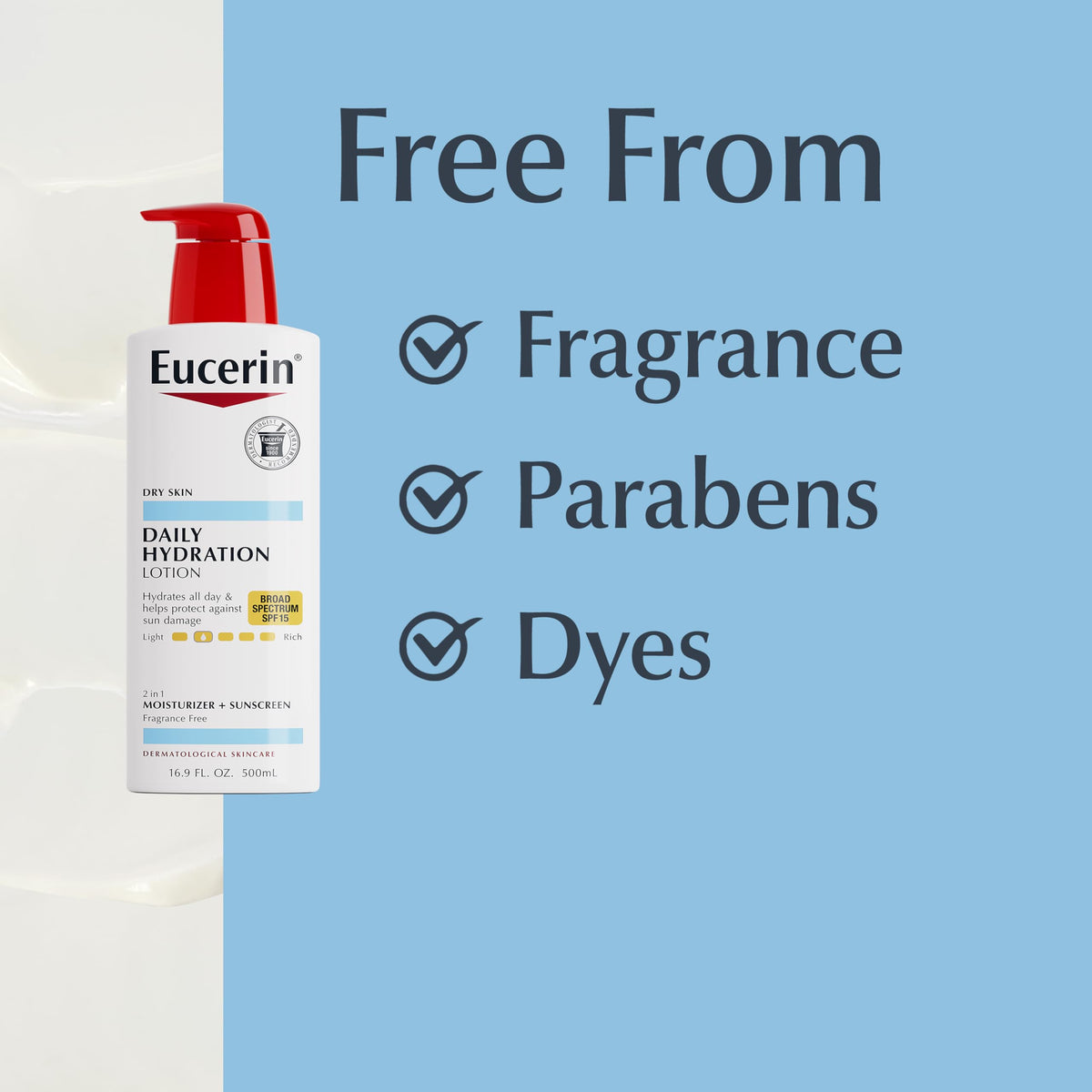 Eucerin bottle on bathroom shelf showing practical everyday placement