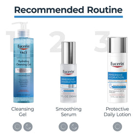 Eucerin bottle staged with Immersive Hydration serum and night cream