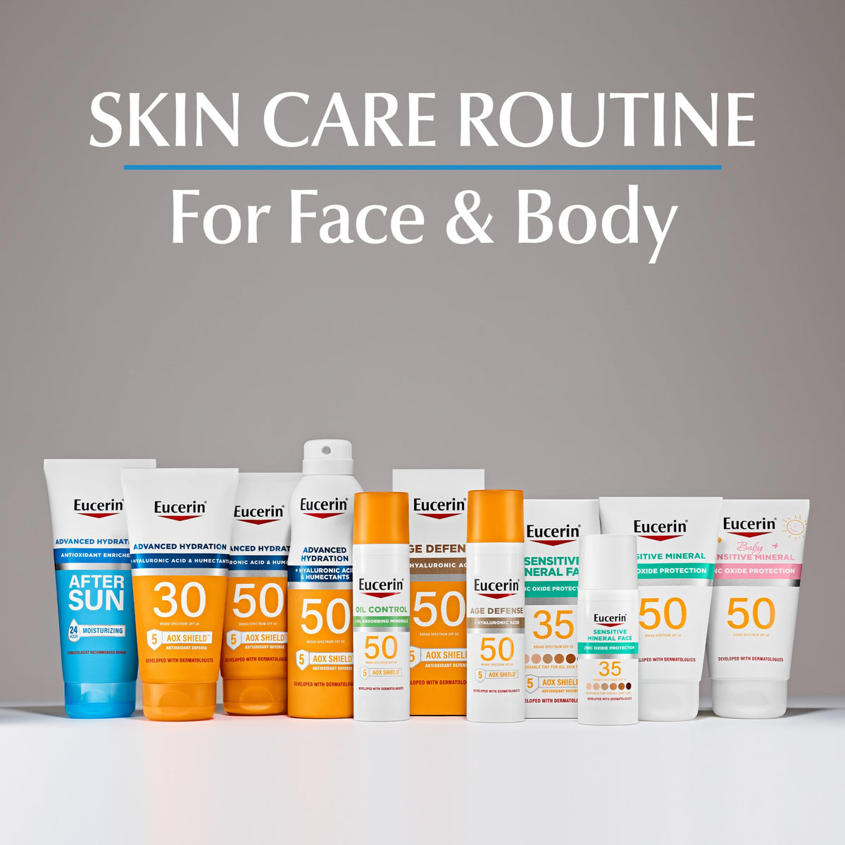 Eucerin lifestyle image with dermatologist endorsement symbol conveying trusted skin-friendly benefit