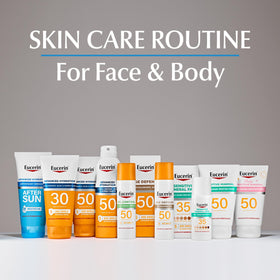 Eucerin lifestyle image with dermatologist endorsement symbol conveying trusted skin-friendly benefit