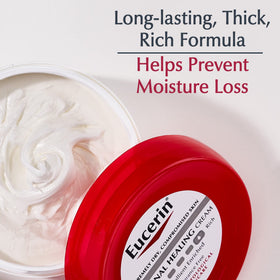 Eucerin cream on feet to illustrate intensive overnight conditioning benefits