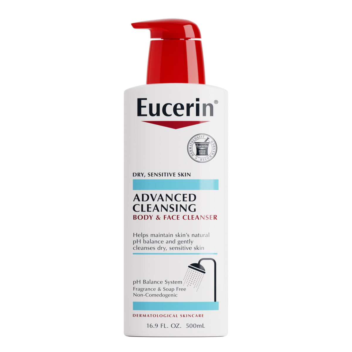 Eucerin front bottle 16.9 fl oz showing product and easy dispensing benefit