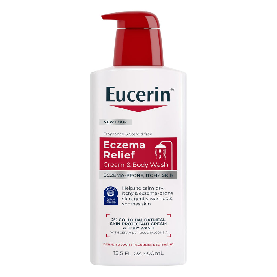 Eucerin front label on 13.5 fl oz bottle showing product name and claims
