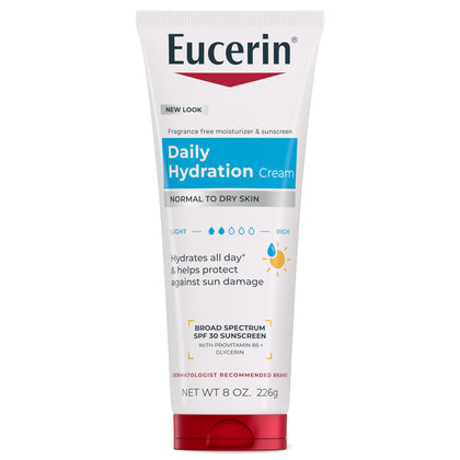 Eucerin front packaging of SPF 30 body cream showing tube benefit
