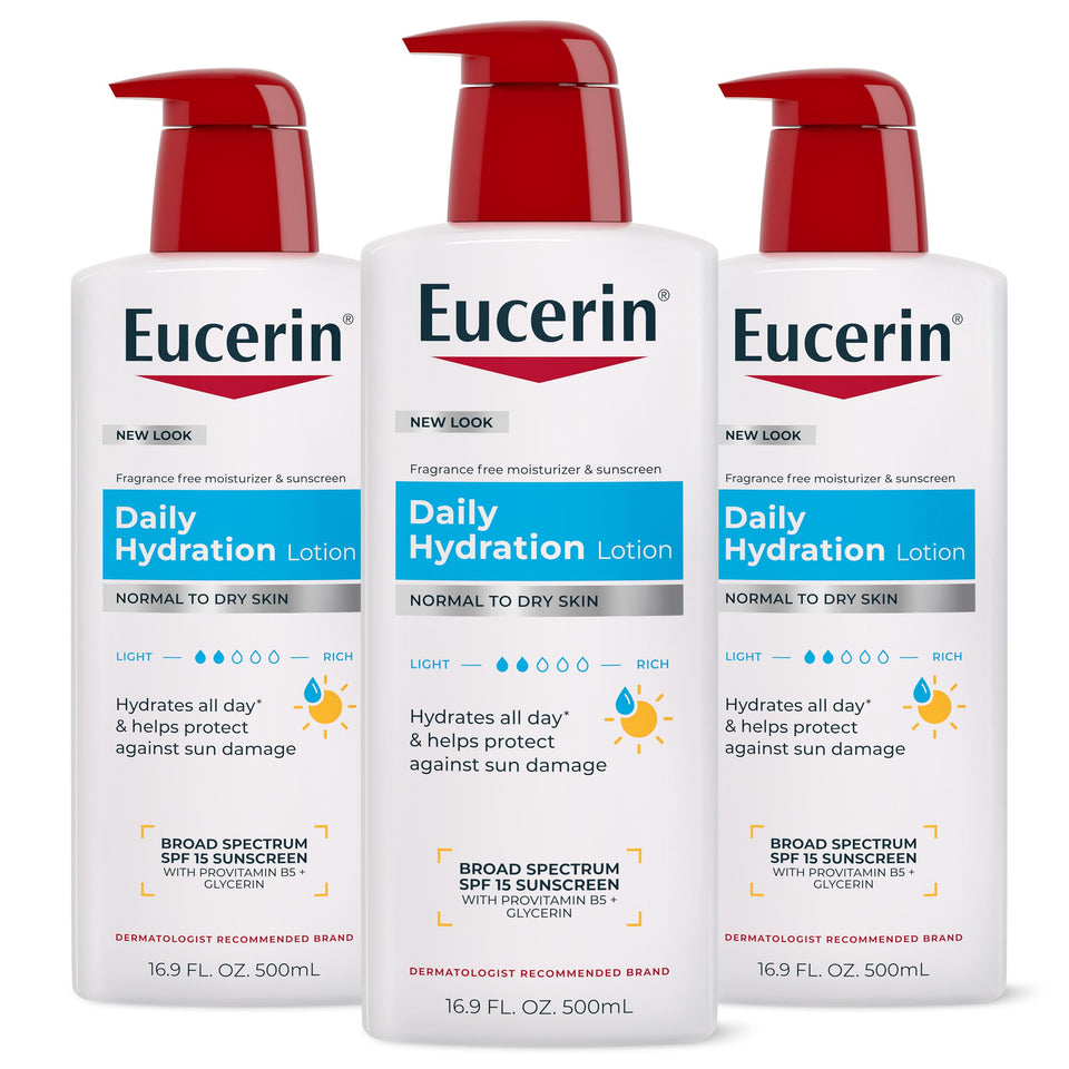 Eucerin front pump bottle pack showing three bottles and label benefits