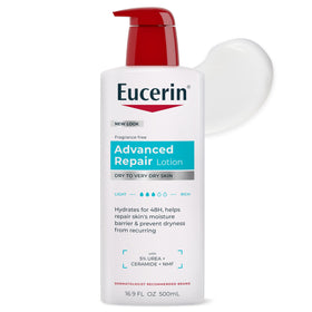 Eucerin front pump bottle showing product and packaging for easy dispensing