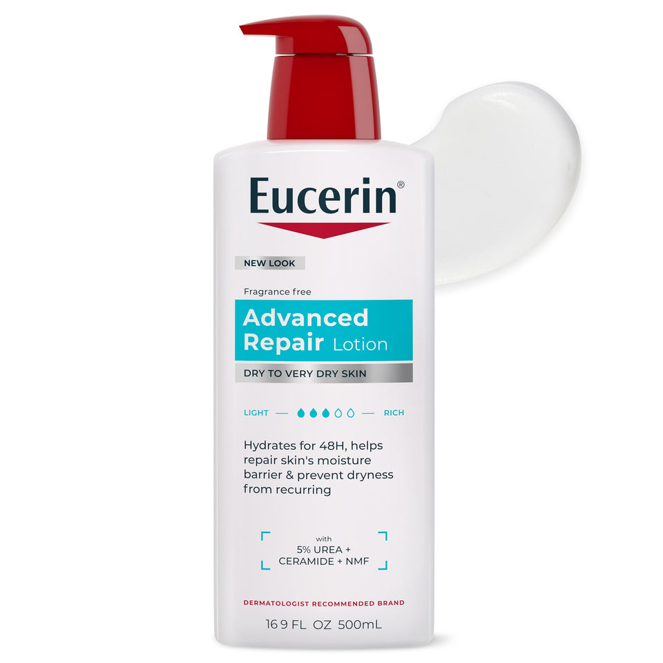 Eucerin front pump bottle showing product and packaging for easy dispensing