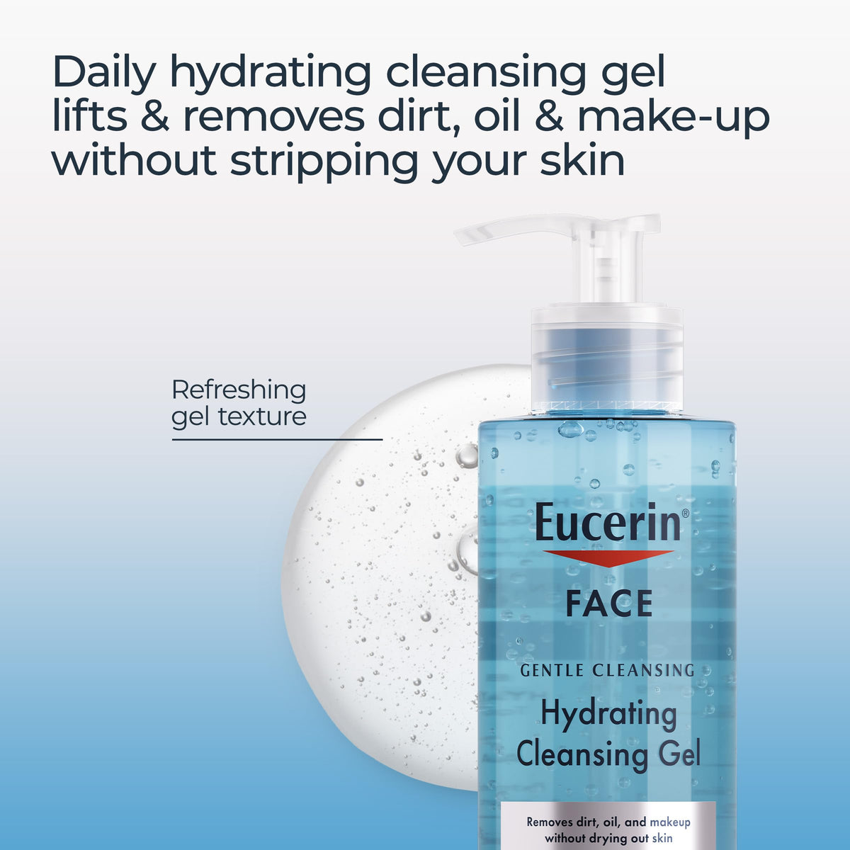 Eucerin gel texture on hand demonstrating soft hydrating lather