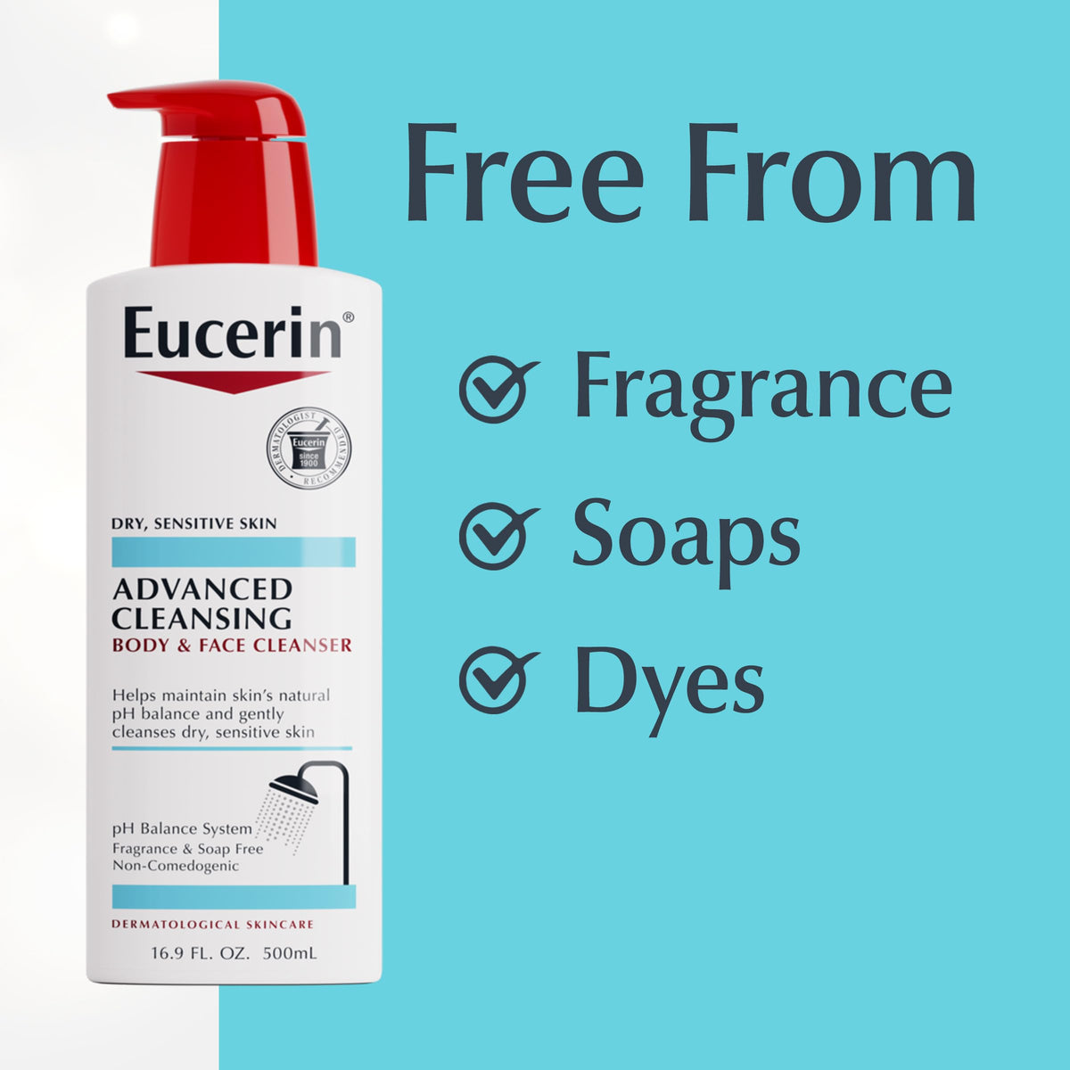 Eucerin bottle in shower lifestyle scene showing mild daily cleansing benefit