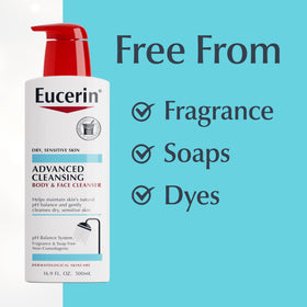 Eucerin bottle in shower lifestyle scene showing mild daily cleansing benefit