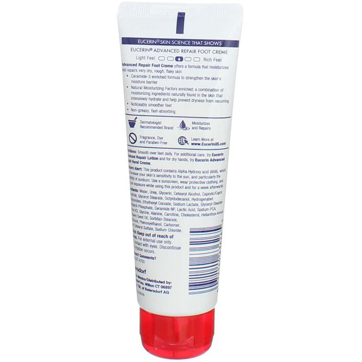 Eucerin ingredient label showing buffered AHA for gentle exfoliation benefit