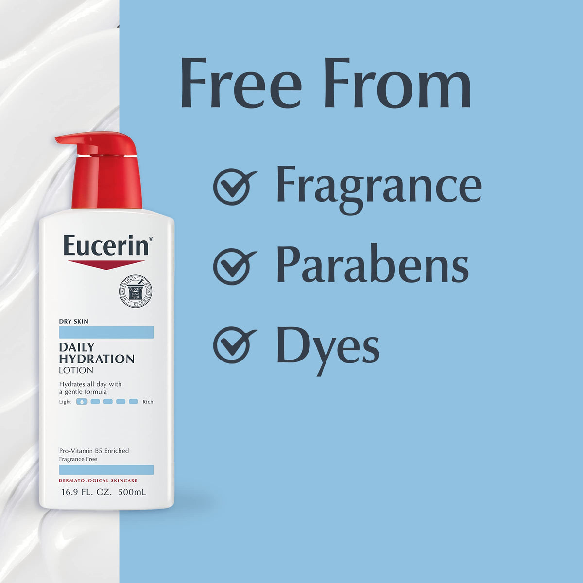 Eucerin label close-up noting non-comedogenic and fragrance-free advantage