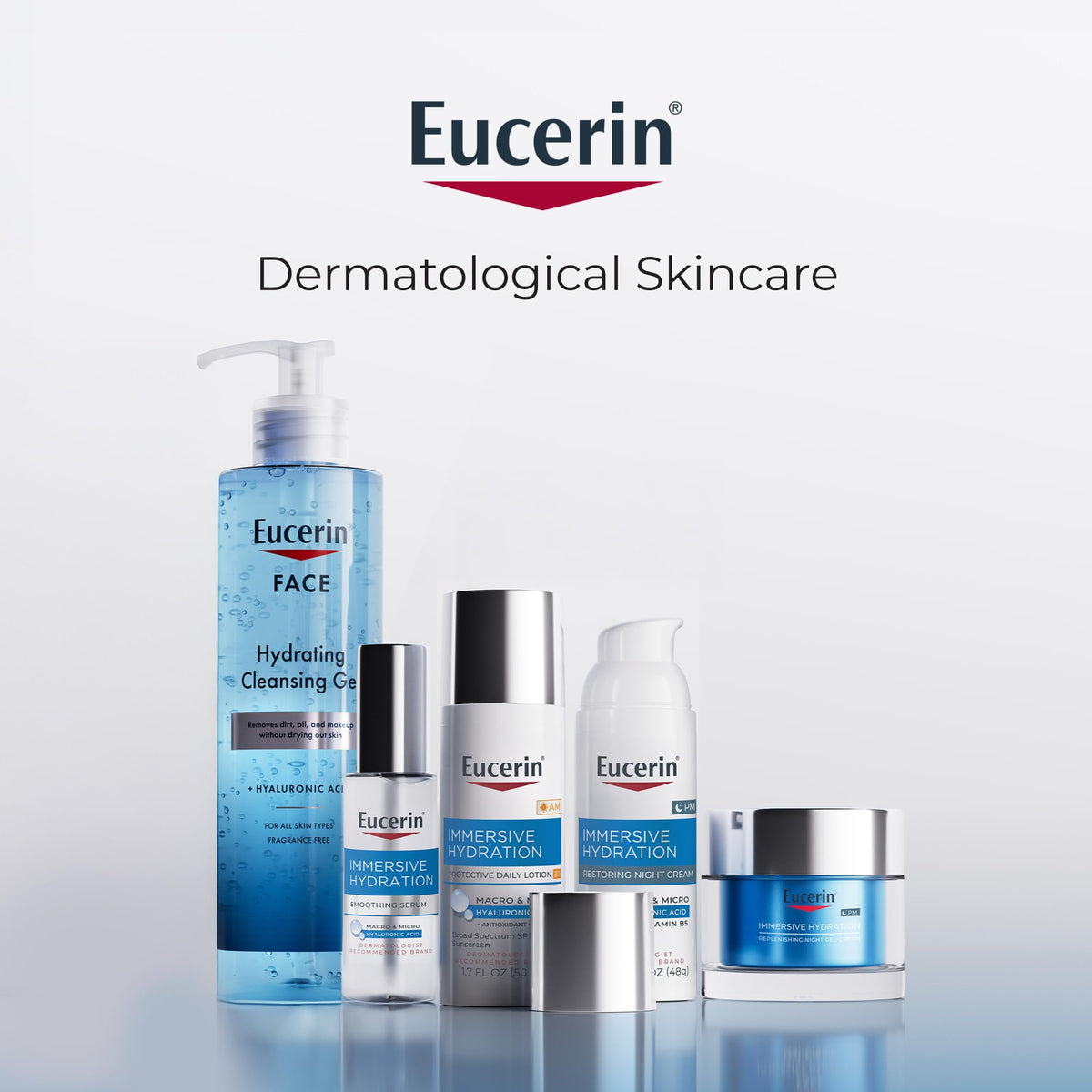 Eucerin bottle on bathroom vanity to show everyday morning use