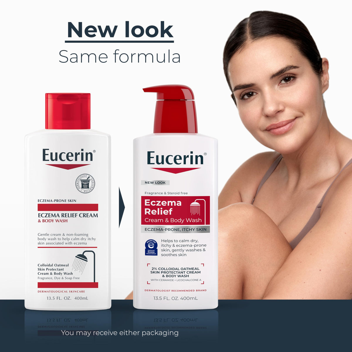 Eucerin pump close-up dispensing creamy texture that soothes skin