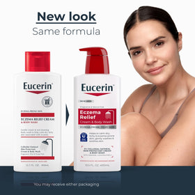 Eucerin pump close-up dispensing creamy texture that soothes skin