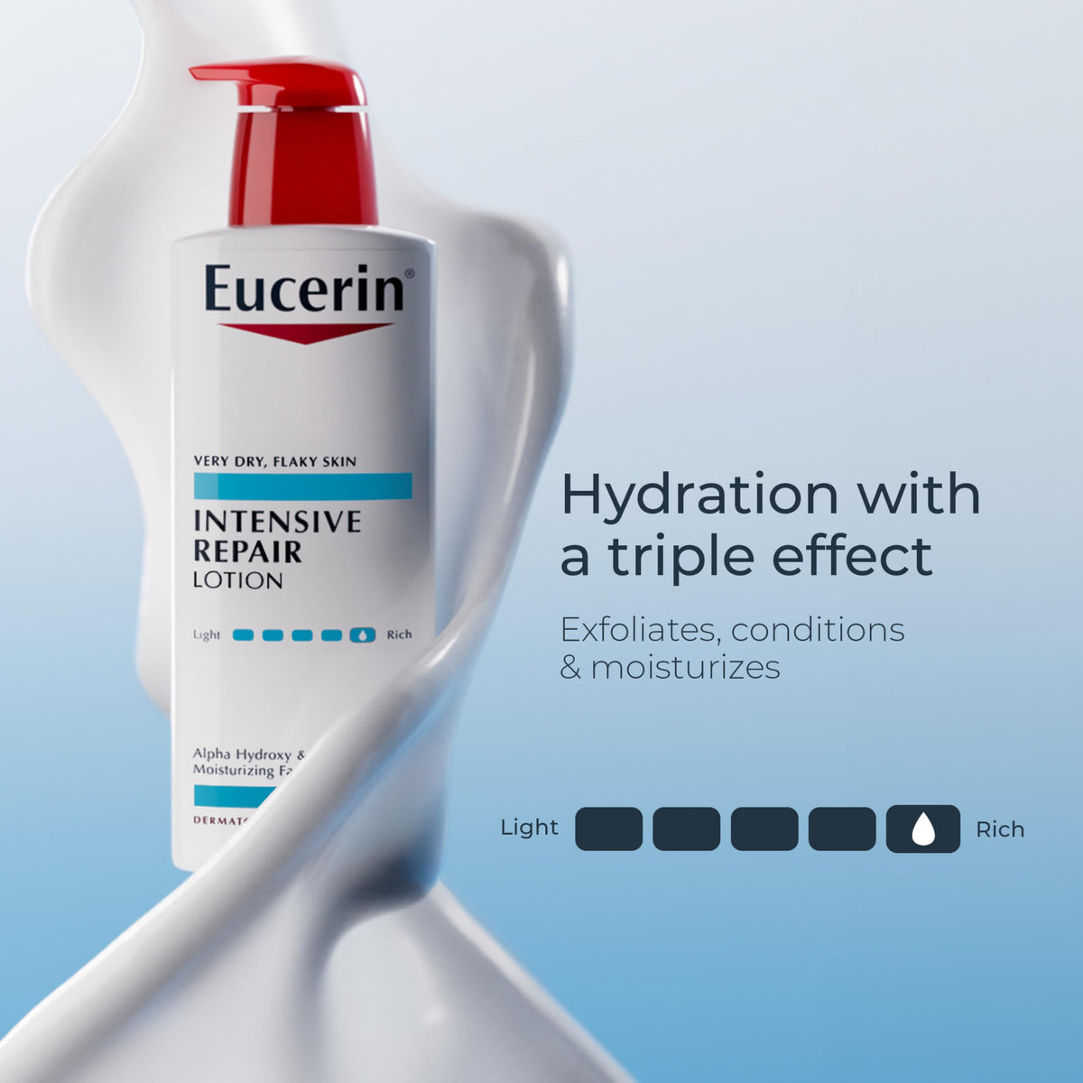 Eucerin pump in hand applying lotion for effortless daily use