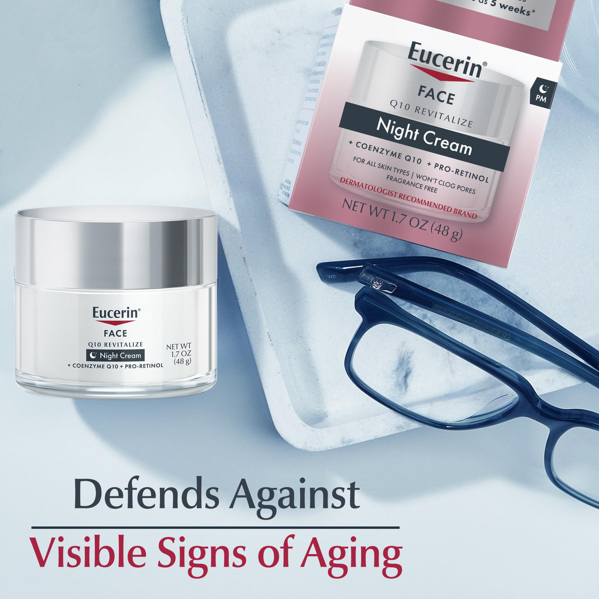 Eucerin 1.7 oz jar next to ruler to show portable size and travel-friendly benefit