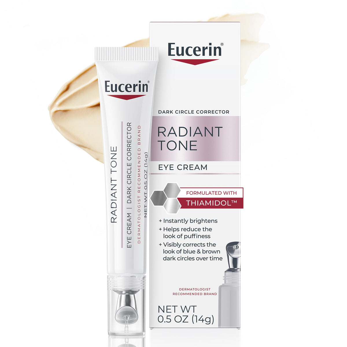 Eucerin tube front view showing product packaging and key benefits