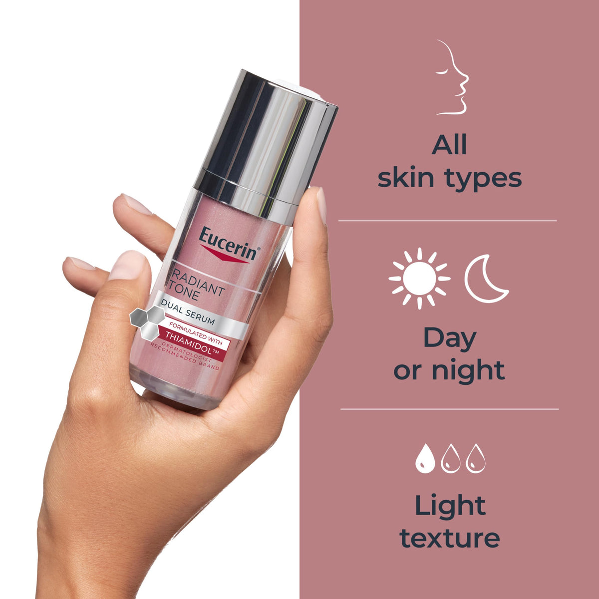 Eucerin label close-up listing Thiamidol and Hyaluronic Acid benefits